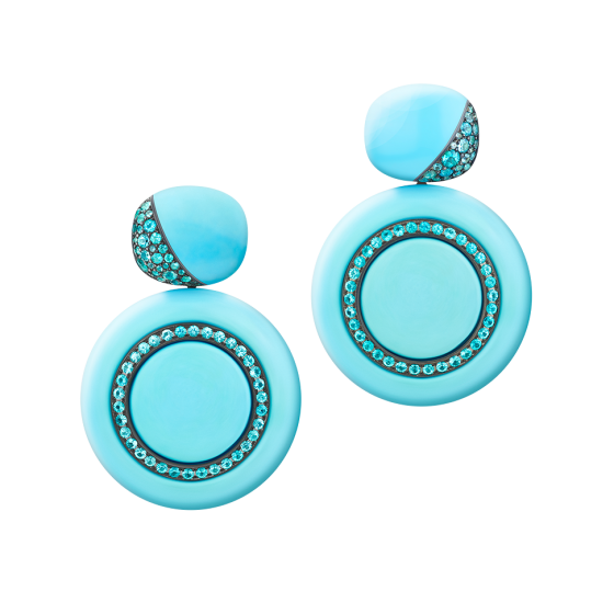 ANTIBES Earrings Antibes with turquoise turquoise-earrings turquoise earring Paraiba tourmalines tourmalino-earrings Paraibaturmalino-earring silver bronze silver-earrings silver bronze earrings invisible change mechanism custom made length 6 cm