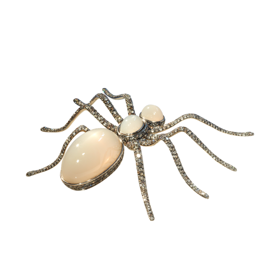 THE SPIDER Brooch The-Spider Spider Brooch with Cream Indian Moonstone Cabochons Natural Colored Diamonds 750/000 White Gold Moonstone Brooch Diamond Brooch Moonstone Diamond Brooches Mint Spider Brooches Spider Object Spider Jewelry