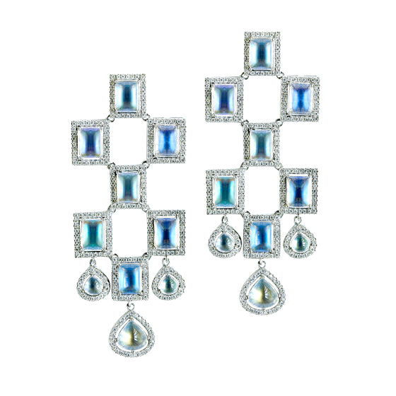 GALLERIA Chandelier earrings Galleria rainbow moonstones white diamonds 750/000 white gold length 5.5 cm moonstone earrings diamond earrings diamond earrings white gold earrings