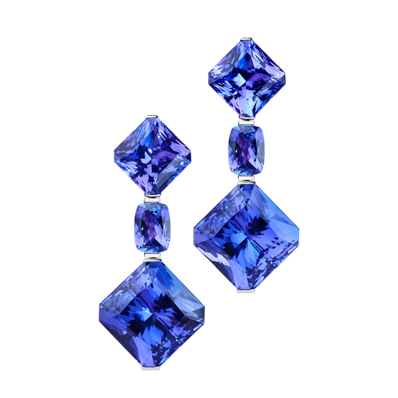 STARS OF AFRICA Three-piece earrings stars-of-Africa star-earrings with tanzanites tanzanite earrings 750/000 white gold white-gold-earrings gold-earring more-wearing-variation wearing options earring of tanzanite