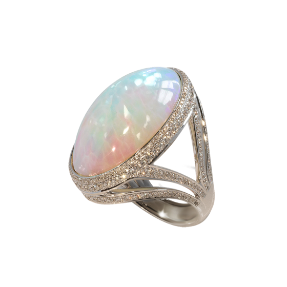 CREAM RAINBOW Ring African Welo opal cabochon 25.75 carats fine white Diamond 750/000 white gold set jewelry rings of extreme rarity