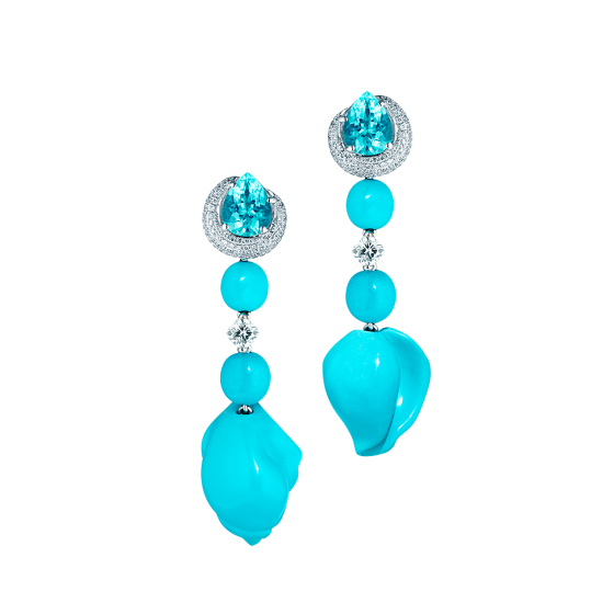 TURQUOISE Earring chandeliers turquoise-earrings diamonds diamond-earrings Paraiba tourmalines tourmalino-earrings Paraibaturmalino-earrings diamond chandeliers 750 white gold length 4.5 cm custom made