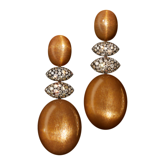 SUNDOWNER Earrings sunset sunstone-earrings diamond-earrings with oval cut cabochons sunstones diamonds navettes sunstones-earrings jewel earrings gemstone-earrings