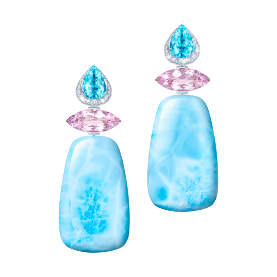 Sunset Shore Earrings laminar earrings diamond-earrings with larimar cabochons Madagascar organites Paraiba tourmalines and bright white diamonds 750 white-gold Customized gemstone jewelry selling in Munich