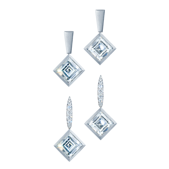 EXCLAMATION MARKS Ohrringe Diamantohrrigne Platinohrringe mit Diamanten im Carrée schliff in Platin gefasst unsichtbare Wechselmechanik Maßgefertigt Diamantenohrringe Diamant-platinohrringe Diamanten-Platin-ohrringe Juwelier münchen