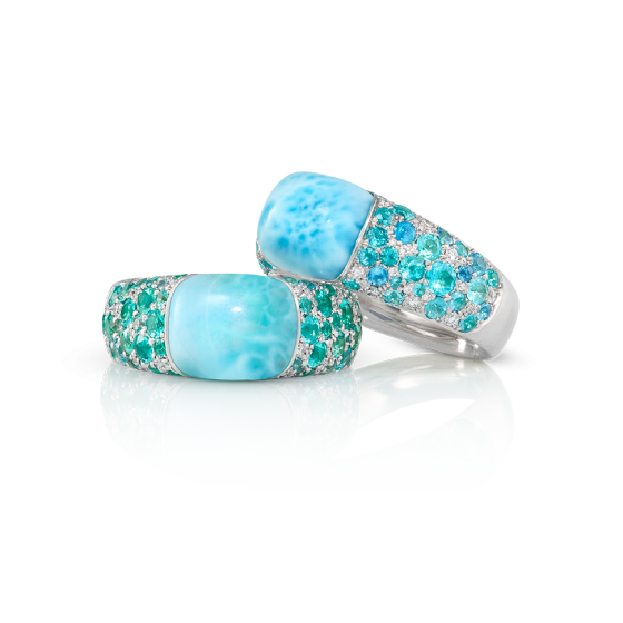 HEAVEN AND EARTH TWINS Pair Of Rings Heaven On Earth Larimar-Rings Tourmaline-Rings Diamond-Rings Made Of Green Blue Larimar Paraiba Tourmalines Bright-White-Diamonds Larimar Diamond Paraiba-Tourmaline-Ring Larimar-Jewelry Diamond-Jewelry Tourmaline-Jewelry Gemstone Jewelry
