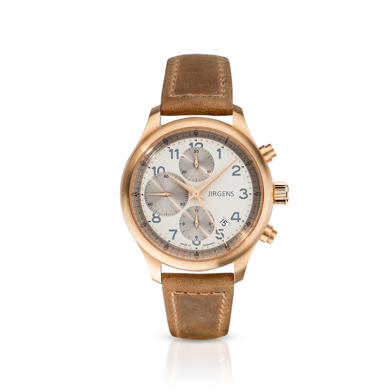 JIRGENS INDIVIDUAL Sporty watch elegant chronograph diamond-watch with calf leather strap folding clasp Valjoux movement caliber 7750 red gold custom dial design DIY diamond-watch