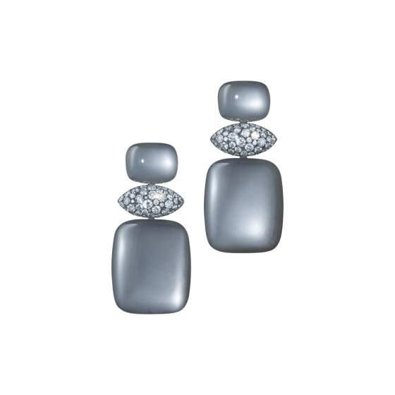 GREY MOON Earrings gray moon moonstone-earrings diamond-earrings with moonstone cabochons diamonds in 750/000 white-gold-earring creations gemstones-earrings diamond-earrings moonstones-earrings Jeweler Goldsmith Munich