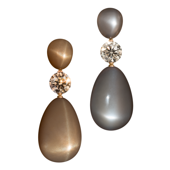 FOGGY GROUND Earrings floor mist moonstone diamond-earrings with brown-gray-moonstone cabochons diamonds 750 rose-gold customized tailor-made earrings earrings-three-piece gemstone earrings