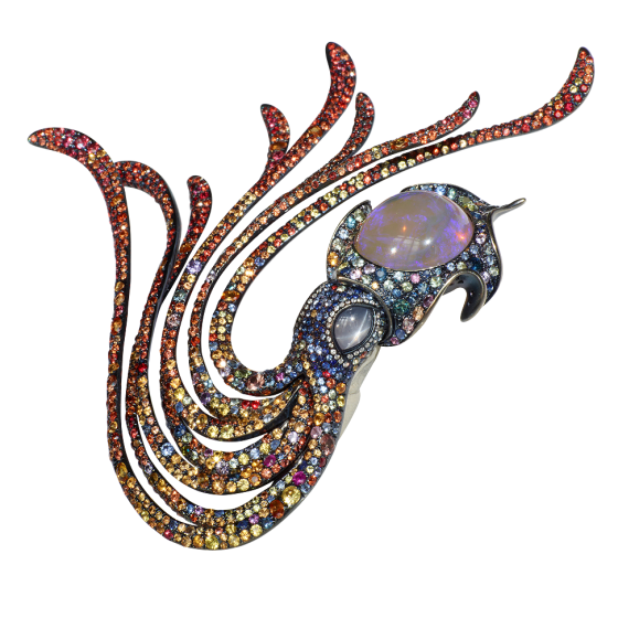 OCTOPUS Brooch octopus with opal cabochon star sapphires rainbow colored sapphires rhodium plated white gold opal brooch sapphire brooch star sapphire brooch white gold brooches gold brooches brooches