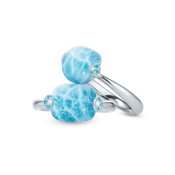 LARIMAR ISLANDS Rings larimar-rings each 10 carat larimar islands with larimar cabochons larimar larimar-jewelry with paraiba tourmalines and bright-white-diamonds white-gold larimar paraiba tourmaline diamond-rings gemstone rings larimar-engagement-rings