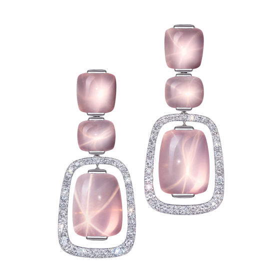 GREY ROSES Rose-Quartz-Earrings Diamond-Earrings with Star Rose Quartz Cabochons Star Rose Quartz in 750/000 White-Gold Free Floating Diamonds Framed Custom Diamond Star Rose Quartz Gold-Earrings