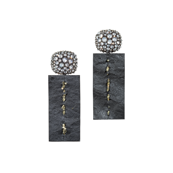 PYRIT SLATE Earrings pyrite earrings diamond-earrings pyrite diamond earrings with pyrite German slate gray diamonds silver bronze diamond-pyrite-earrings pyrite-earring custom made length 4.5 cm gemstone-earrings