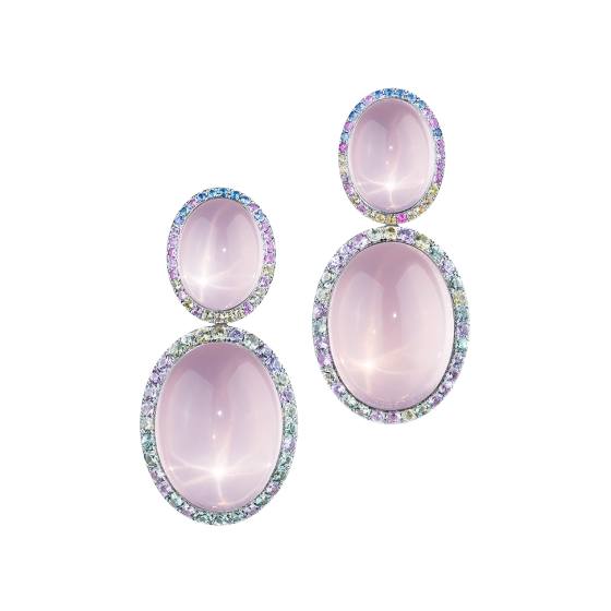 SPRING TWINS Earrings spring twins saphi tube ringlets of star rose-quartz pairs sapphires 750/000 white-gold quartz-earrings star rose quartz earrings sapphire-earring gold-earrings white gold earrings