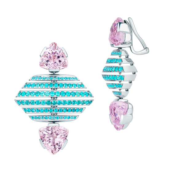 SPACE ODDITY Chandelier earrings space curiosity with kunzites paraiba tourmalines 750/000 white-gold-kunzite-earrings paraiba-tourmalino-earrings white gold-earrings gold-earrings kunzite gold earring