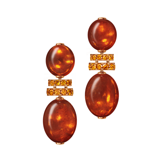 AFRICAN SUNRISE Earrings garnet-earrings mandarin-garnet-earrings with mandarin garnet cabochons mandarin garnets in 750/000 red gold customized red-gold-earrings red gold garnet jewelry mandarin garnet jewelry length 5 cm