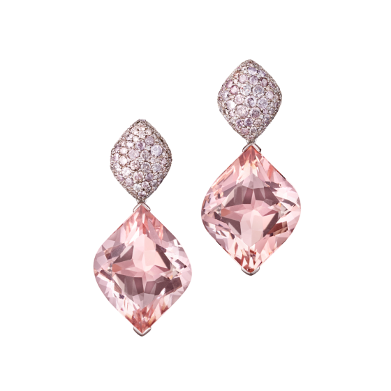 WAVES OF LOVE Earring two-piece waves-of-love diamond-earring morganite-earring with madagascar morganites millenium cut pink diamonds white gold invisible change mechanism diamond morganite-earrings white-gold-earrings gold-earrings
