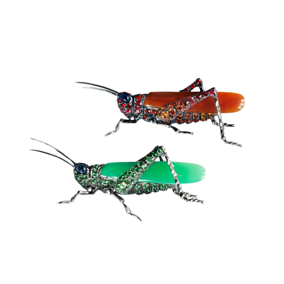 GRASSHOPPERS Pair of brooches grasshopper with carnelians chrysoprase sapphires tsavorites black rhodium plated 750/000 white gold carnelian brooch chrysoprase brooch sapphire brooch tsavorite brooch brooches