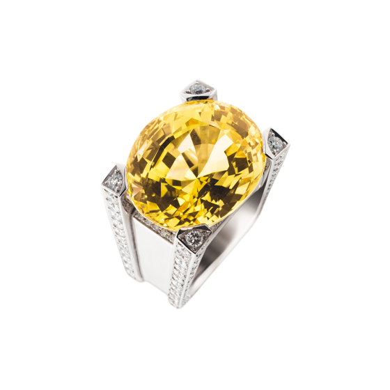 DAYLIGHT Ring Tageslicht oval facettiertem gelbem Sri Lanka Saphir 49,5 Karat Diamanten Säulen 750/000 Weißgold gefasster Edel-ring Maßanfertigung Unikat