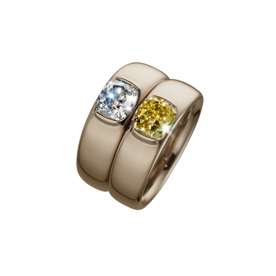 CREAM CUSHIONS Ring Ringe Ringpaar Diamanten-besetzt 1,29 Karat gelbem Diamant 1 Karat 750/000 Cremegold Diamantring Diamantenringpaar Goldring Goldschmuck Edelsteinschmuck