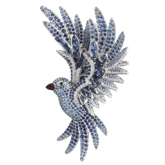 BLUE BIRD Brosche Blauer-Vogel mit weißen Diamanten Diamantbrosche Saphiren Saphirbrosche Makassar-Ebenholz Ebenholzbrosche Paradiesvogel-Brosche 750/000 Weißgold Goldbrosche Goldbroschen