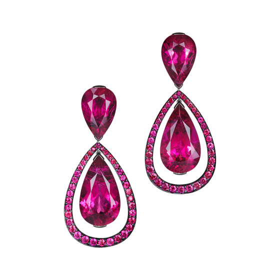 NEW YORK NIGHTS Earrings rubellite-earring with rubellite drop red tourmalines red rubies framed black rhodium plated 750 white-gold ruby-earrings ruby-jewelry gemstone-earrings ruby earrings two-piece jewel jewelry