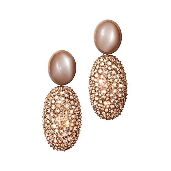 FIRE CONES Earrings diamond-earring fire cone with moonstone cabochons moonstone-earring with diamonds 750/000 rose-gold invisible change mechanism moonstone-diamond-earring rose-gold-earring