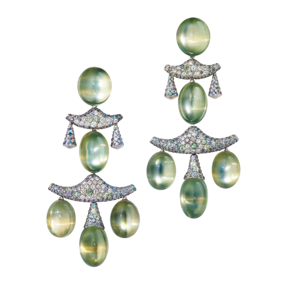 KYOTO Kyoto sapphire-earrings diamond-earrings with blue-green-sapphires white-diamonds 750 white-gold with green moonstone cabochons pagoda earrings pagoda look japan earrings